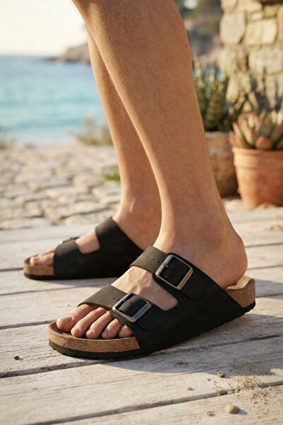 İncim Black Double Buckle Casual Beach Pool Slippers Men's Slippers