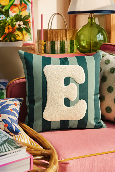 Pilloveland Punch Embroidered Throw Pillow Cover - 43*43 cm - Green Letter E ...
