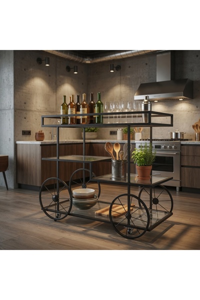 YINZUO Bar Cart Metal Bar Cart with Glass Shelves – 3-Tier Rolling Beverage C...