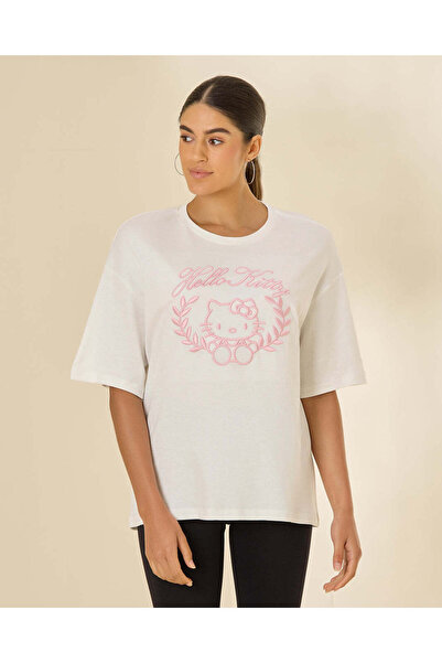REDTAG Women Cream Printed Hello Kitty Oversized T-Shirt
