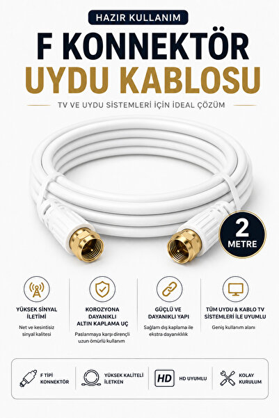 Zibox F Konnektörlü Uydu Anten Kablosu Gold Uçlu Hd 4K Uyumlu Beyaz-2m