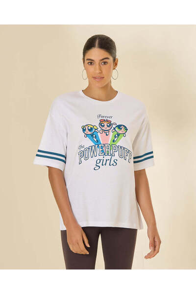 REDTAG Women White Printed Powerpuff Oversized T-Shirt