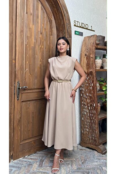 verabelle Padded Shoulder Pleated Detailed Belted Dress