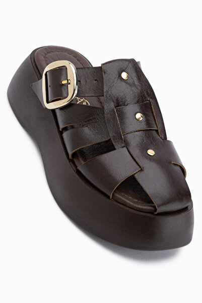 Limoya Venita Genuine Leather Brown High-Sole Women's Slippers