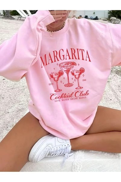 WESTİMO Women's Pink Margarita Printed Crew Neck Oversize Sweatshirt