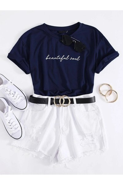 WESTİMO Women's Navy Blue Beautiful Soul Printed Oversize T-Shirt