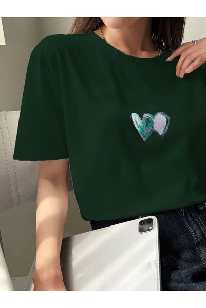 WESTİMO Women's Nefti Green Double Heart Printed Oversize T-Shirt