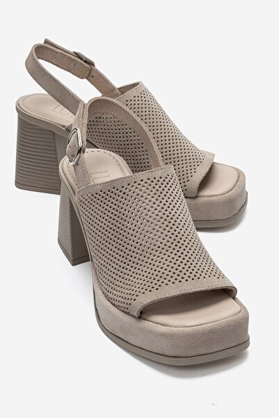LuviShoes Penvia Beige Suede Genuine Leather Women's Thick Heeled Sandals