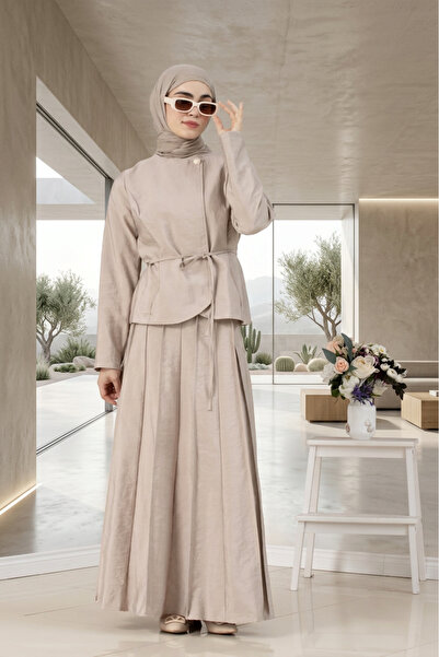 Sevitli Button Detailed Ribbed Skirted Double Suit-Beige