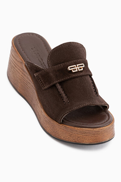 Limoya Roxana Brown Stone Detailed Wedge Heeled Women's Slippers