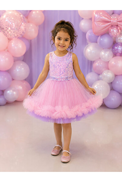 babysmile Pembe lila kız çocuk kostüm doğum günü elbisesi renkli fırfırlı elbise