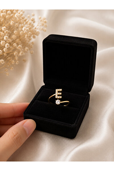 Lilith Takı Letter E Adjustable Gold Color Zircon Stone Ring |   Minimal Lett...