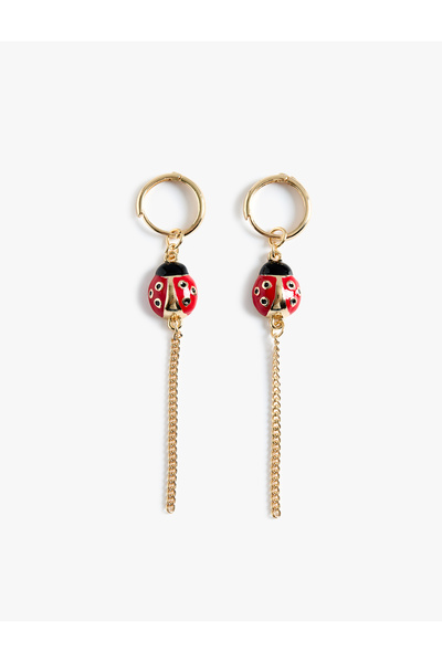 Koton Chain Detailed Steel Mixed Material Ladybug Charm Hoop Earrings