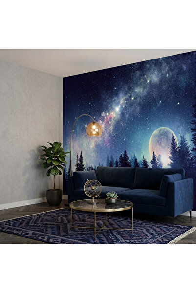DecorDrive Yıldızlı Gökyüzü ve Gezegen Manzaralı Uzay Duvar Kağıdı