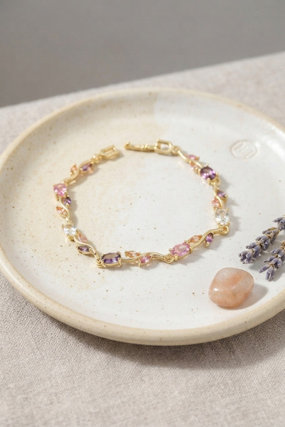 Lisinya Brass Gold Color Pink and Purple Zircon Stone Flower Model Women's Br...