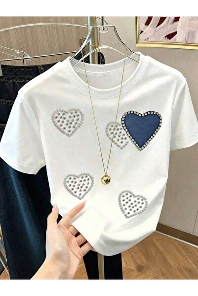 45 BPM Ms. Summer Casual Heart-Shaped Pearl Printed Crew Neck Short Sleeve Wh...