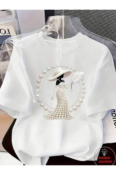 4CR Elegant High-End Temperament Style Wear! Printed T-Shirt-Pearl Diamond Je...
