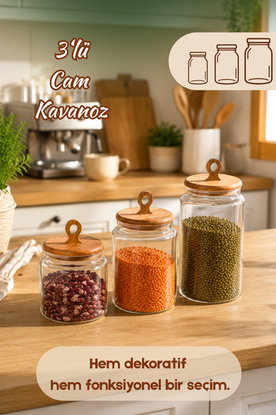 Porsima 4469 Handmade Vakum Kapaklı 3lü Cam Kavanoz Seti Vakum Kapaklı Saklam...