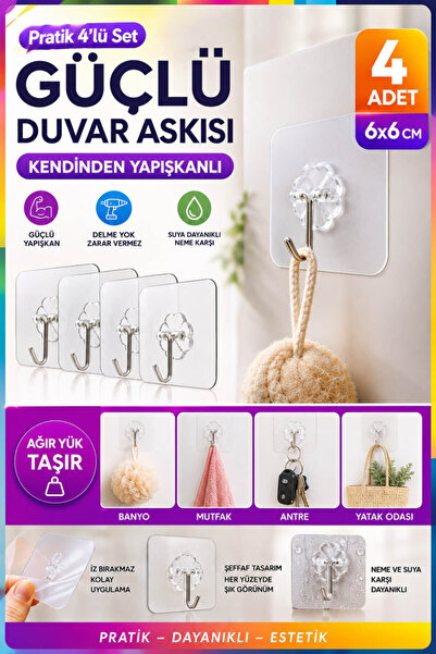 Anadolu Saray 4 Adet 6x6 cm Şeffaf Kendinden Yapışkanlı Güçlü Duvar Askısı De...