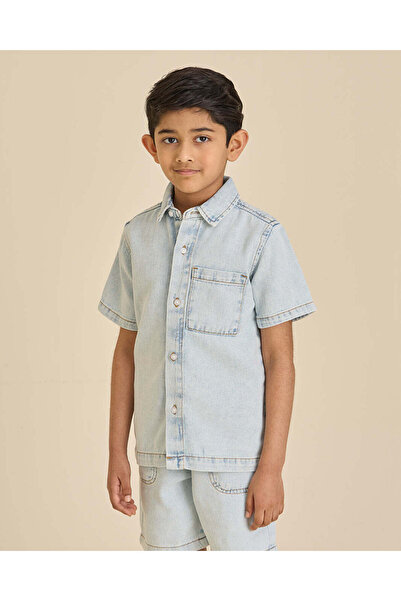 REDTAG Boys Light Wash Denim Short Sleeve Shirt