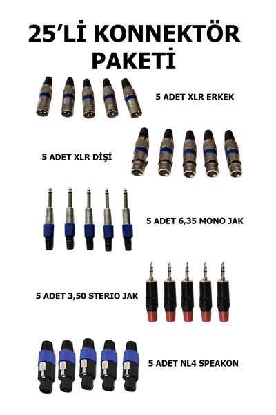 chester 25’li Konnektör Seti XLR Dişi Erkek 6.35mm 3.5mm Aux Jak NL4 Speakon