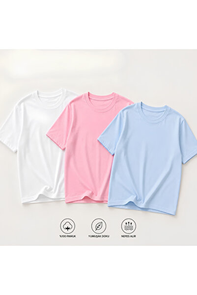 Bisiklet Yaka Oversize 3'lü Paket Pamuklu Unisex T-shirt Beyaz Pembe Bebe Mavisi
