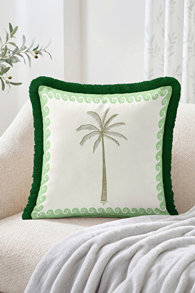 Realhomes Fringed Throw Pillow Cover with Palm Tree and Curved Border Pattern...