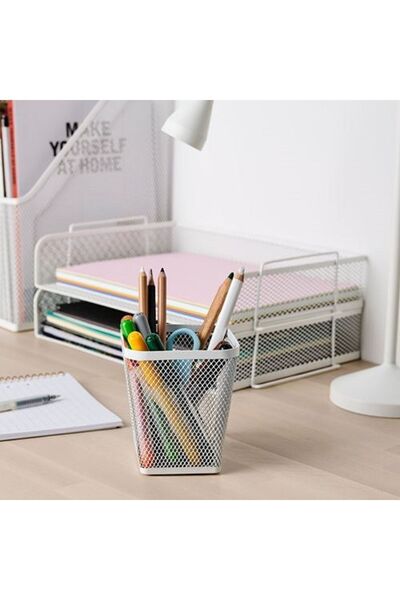 IKEA QUİCK Masa Üstü Beyaz Renk Kalemlik 2 Adet Metal Kalem Kutusu Yükseklik 11 cm