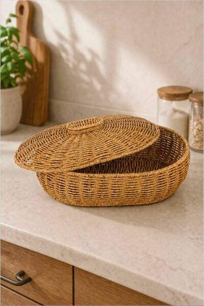 Bayev Rattan 9217 Oval Covered Pot Basket Decorative Fruit and Vegetable Basket