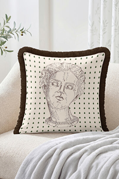 Realhomes Antique Sculpture Bust Drawing and Drop Pattern Fringed Throw Pillo...