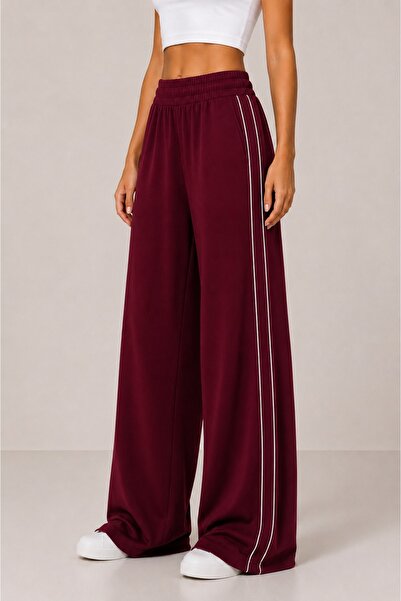 Grenj Fashion Bordo Soft Touch Kumaş Beyaz Biyeli Wide Leg Pantolon