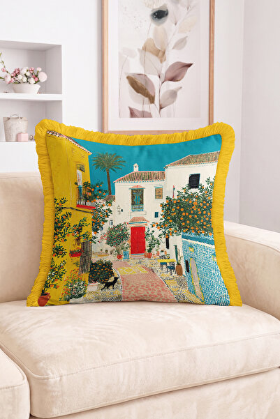 Realhomes Mediterranean Street View Home, Orange Tree and Cat Figured Fringed...