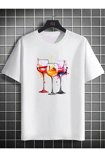 KYMC07 Design Sense Red Wine Glass Pattern Print Men's Fashion Round Neck Sho...