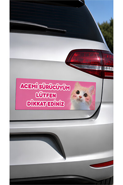 sticker Mıknatıslı Acemi Sürücüyüm Lütfen Dikkat Ediniz 10x25 cm Komik Kedi A...