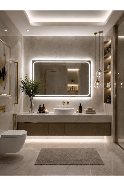 Horizon Dekoratif Yatay LED’li Banyo Aynası Dokunmatik Sensörlü Dimmerli Yuvarlatılmış Köşeli Işıklı Duvar Aynası