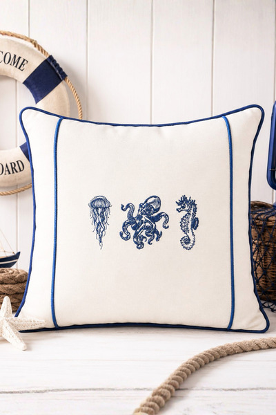 Elegancembroidery İndigo Renk Deniz Temalı Nakışlı Keten Kırlent Kılıfı | Aht...