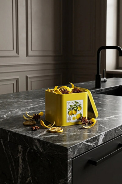 Evle Exclusive Citrus Lemon Patterned Metal Storage Container, 9 X 9 Cm, Kitc...