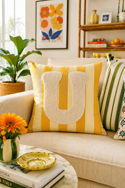 Pilloveland Punch Embroidered Throw Pillow Cover - 43*43 cm - Yellow Letter U...