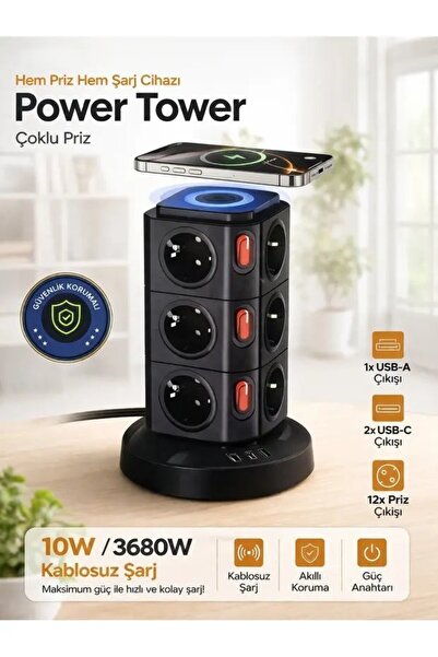 EN SİGA Dikey Akım Korumalı 12’li Priz 3680W 10W Kablosuz Şarj USB-C Çıkışlı