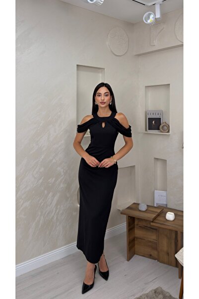 miraylawear JUNE SİYAH RENKLİ OMUZ TÜL DETAYLI KADIN MAXİ ELBİSE