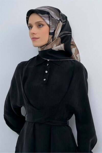 Armine Sura Pure Silk Scarf 9506 - 06 Black Dark Mink Pastel Pattern
