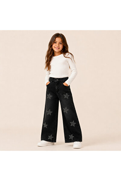LuniMoon Kids Kız Çocuk Siyah Yıldız Taş Detaylı Geniş Paça Kot Pantolon