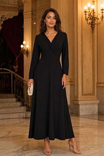 Mossta Double-Breasted Collar Corset Waist Long Crepe Dress - Black