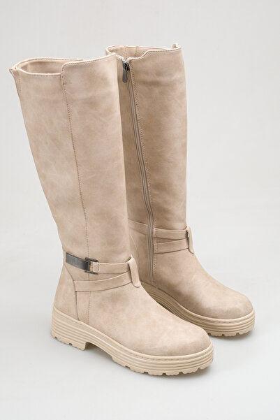 SENASTİL S170 Women's Beige Buckle Detailed Inner Zipper Below the Knee Boots...