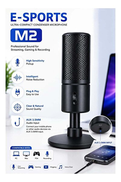 Generic E-SPORTS M2 USB Condenser Gaming Microphone with AUX 3.5mm Audio Inpu...