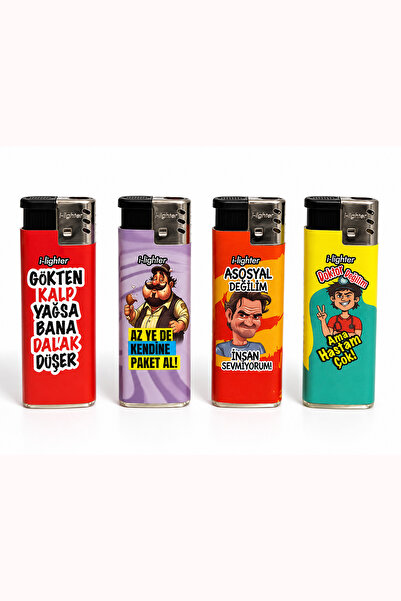 ONRSTORE Komik Yazılı Gazlı Çakmak 4'lü Karışık Desenli Hediyelik Çakmak Seti...