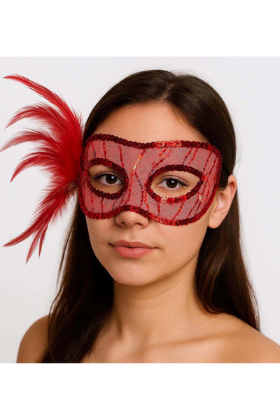 evimdeyokyok Red Color Side Feathered Sequin Embroidered Party Mask 23X12 cm