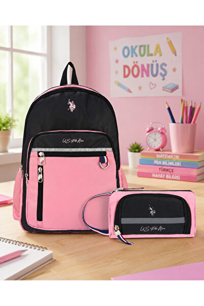 U.S. Polo Assn. Plcan25033، مجموعة حقيبة ظهر مدرسية وحامل أقلام متعددة الأقسا...