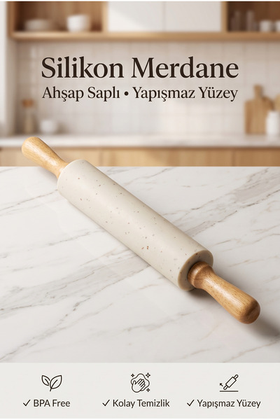 Ev Modu Home Yapışmaz Silikon Hamur Açma Merdanesi Ahşap Saplı 42,5 cm