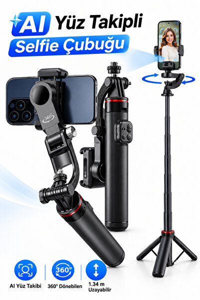 RAYLAX AI Yüz Takipli Selfie Çubuğu Gimbal Tripod 360° Dönebilen Bluetooth Ku...